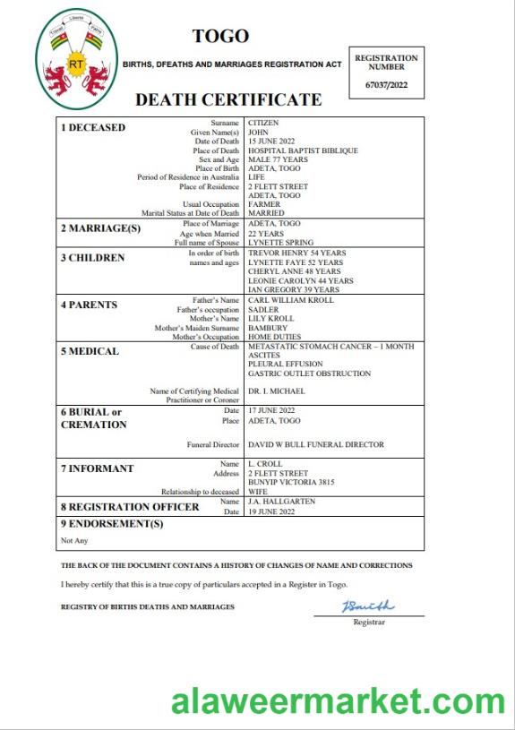 Togo vital record death certificate Word and PDF template